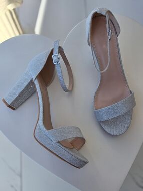 Silver Sparkle Block Heel Sandals with Ankle Strap